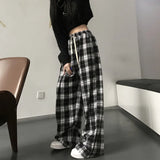 Poshoot Harajuku Black White Plaid Pants Women 2024 Oversized Wide Leg Trousers Female Korean Style High Waist Checkered Pants Female