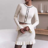 Poshoot Knitted Skirt Set Women's Elegant O-Neck Long Sleeve Cardigan Top Slim Retro Short A-Line Skirt Knitted Ruffle Skirt Set