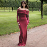 Poshoot High Waisted One Shoulder Long Dress Female Sexy Backless Slim Evening Gown Elegant Tight Pleated Long Sleeve Long Dress