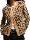 Poshoot New Fashion Knitted Leopard Print Cardigan Women's Loose Casual Printed Long Sleeve O-Neck Top Retro Y2k Cardigan Sweater Female