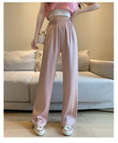 Poshoot-Women's Summer Acetate Ice Silk Wide Leg Pants Lady Summer Casual Solid Color Elastic Waist Loose Long Pants