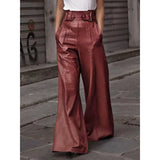 Poshoot Autumn Winter Women's Faux Pu Long Pants  High Waisted Loose Pleated Pockets Streetwear Female Wide Leg Trousers