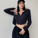 Poshoot Casual Solid Color Hooded Cardigan Women Long Sleeves Y2K Slim Fit Crop Tops Woman 2023 New Zipper Up Streetwear Tees Top