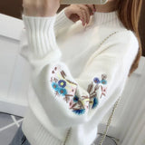 Poshoot Autumn Winter Embroidery Sweater Women Fashion Half High Collar Long Sleeve Knit Jumper Woman 2024 Korean Loose Pullover Female