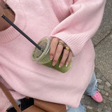 Poshoot Pink Sweet Pullover Sweater For Women Round Neck Solid Color Loose Knitted Top Long Sleeve Female 2024 Autumn Fashion