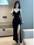 Poshoot 2023 Summer Women's Sexy Temperament V-neck Low cut Velvet sling ceremonial dress Side Split Slim Wrap buttocks Long Dress UR6Y