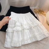 Poshoot Sweet Cute Lace Mini Skirt Women Kawaii White Ruffles Pleated Short Skirts Woman 2025 Summer Korean High Waist A Line Skirts