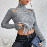 Poshoot Knitted Sweater Women High Collar Long Sleeve Worn Sexy Hollow Out Pullover Spring High Street Navel Y2K Sweaathers Tops