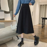 Poshoot Autumn Winter Woolen A Line Skirt Women Back Elastic High Waisted Pleated Skirts Woman Korean College Style Midi Skirt