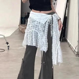 Poshoot Korean One Piece Mesh Skirts Women Ins Floral Embroidery Irregular Mesh Mini Skirt Woman Lace Up Half Body Skirts Female