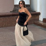 Poshoot Elegant Strapless Backless Long Dress Women's Sexy Tube Top Color Block A-Line Dress High Waist Sleeveless Evening Gown