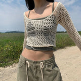 Poshoot Knit Rib Holloe Out Slash Collar Long Sleeve Trassel High Waist Crop Top Tank T Shirts Autumn Casual Wholesale Clothes