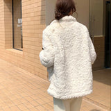 Poshoot Beige Horn Buttons Faux Fur Coat Women 2024 Winter Long Sleeve Lamb Wool Jacket Woman Korean Fashion Thicken Warm Outwear Female