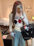 Poshoot Vintage V Neck Sweater Women Coquette Diamond Patterned Knitted Pullover Sweet Christmas Sueter Mujer Long Sleeve Tops