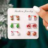 Poshoot 6 Pairs/Set Christmas Stud Earring For Women Cute Cartoon Resin Snowflake Santa Claus Elk Earrings Girl Party New Year Jewelry