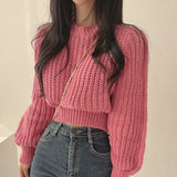 Poshoot Pink Cropped Knitted Sweaters for Women 2024 Korean Fashion Loose Long Sleeve Jersey Woman Solid Color Wild Round Neck Pullover