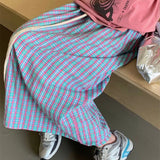 Poshoot Korean Y2K Plaid Skirts for Women 2024 Streetwear Drawstring High Waist Long Skirt Woman Summer Loose A-Line Skirt Female