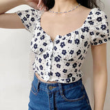 Poshoot Korean Fashion Printed Short Sleeve Crop Tops Women 2024 Summer Single Breasted Slim T Shirt Woman Low Collar Cropped Tshirt