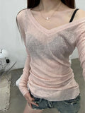 Poshoot Sexy Black V Neck Grunge Women T-shirt Casual Vintage Slim Knitted Blouse Long Sleeve Y2k Aesthetic Fashion Crop Tops Japanese