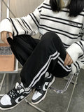 Poshoot Casual Sweatpants Women Korean Style Classic Sports Pants Oversize Summer Joggers Baggy Gray Black Striped Wide Trousers