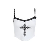 Poshoot-Goth Cross Print Corset Crop Tops Sexy White Lace Trim Straps Camis Top for Women Summer New Fashion Clothes Streetwear