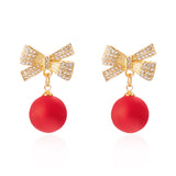 Poshoot New Style Temperament Red Color Christmas Bow Stud Earrings for Women Rhinestone Bowknot Red Ball Earring Girls Party Jewelry