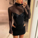 Poshoot Mesh Patchwork High Neck Dress Women's Sexy Slim Hollow Body Fit Party Club Dress Black See-through Streetwear Y2k Dress