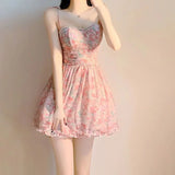 Poshoot Sweet New Pink Sexy Dress Sweet Fresh Style Fragmented Flowers Print Waist Wrapped Slim Student Summer Short Lovely 2024 7DSB