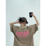 Poshoot Summer American Retro Design Pink Printed Couple T-shirt Loose and Casual, Niche Round Neck Short Sleeved Women Y2k Tees Korean