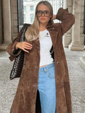 Poshoot Elegant Suede Belt Long Windbreaker Coat Women Fashion Double Button Lapel Oversized Overcoat 2024 Autumn Lady High Streetwear