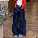 Poshoot Korean Fashion Dark Blue Baggy Jeans Women 2024 Streetwear Wide Leg Denim Pants Woman Harajuku Loose High Waist Trousers