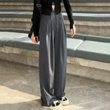 Poshoot High Waist Wide Leg Suit Pants for Women Korean Solid Straight Loose Trousers Woman All Match Pockets Casual Pants Laides