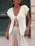 Poshoot Womens Crochet Sweater Vest Summer Tie Front Cap Sleeve V-Neck Casual Knit Tops Cardigan Lightweight Sweaters