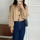 Poshoot V Neck Cropped Cardigan Women Long Sleeve Twist Knitted Sweater Coats Woman Korean Fashion Solid Color Button Up Cardigan