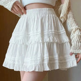 Poshoot Sweet Cute Lace Mini Skirt Women Kawaii White Ruffles Pleated Short Skirts Woman 2025 Summer Korean High Waist A Line Skirts