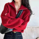 Poshoot Chic Zipper Up Turtleneck Sweater Women Autumn Winter Knitted Cropped Sweater Woman 2024 Solid Color Korean Jumper Female