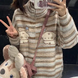 Poshoot Y2k Millennial Style Multi-Colored StriPed knit Zipper Sweater With Cute Pattern Printed Crew Neck Zipper Sweater Coat For Girls