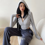 Poshoot Casual Solid Color Hooded Cardigan Women Long Sleeves Y2K Slim Fit Crop Tops Woman 2023 New Zipper Up Streetwear Tees Top