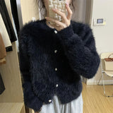 Poshoot Fluffy Mohair Cardigan for Women Korean Style Round Neck Fuzzy Sweater Woman Autumn Winter Button Up Warm Jersey Female