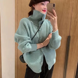 Poshoot Korean Fashion Turtleneck Knit Cardigans Women Autumn Winter Long Sleeve Button Knitwear Female Solid Color Loose Cardigan Coats