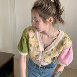 Poshoot Sweet Printed Knitted T Shirt Women Summer Patchwork Puff Short Sleeve Crop Tops Woman Summer V Neck Cardigan Sweater