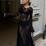 Poshoot Sexy See-through Lace Floral Maxi Dress Women's Black Long Sleeve O Neck Loose Resort Dress High Waist Party Dress Robe