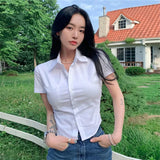 Poshoot Korean Slim Fit White Shirt Women Summer Y2K Short Sleeve Crop Top Blouses Woman Preppy Style Button Up Basic T Shirts