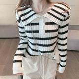 Poshoot Korean Sailor Collar Striped Sweater Women 2024 Button Long Sleeve Knitting Pullover for Woman Autumn Simple Jumper Mujer