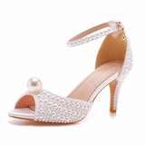 Poshoot White Pearl Sandals Women Open Toe High Heels Lady Luxury Wedding Shoes Banquet Dress