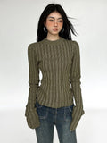 Poshoot Vintage Green Crop Sweater Women Fairy Grunge Striped Pullover Casual Slim Knitted Jumper Harajuku Fashion Sueter Mujer