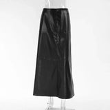 Poshoot High Waist Straight Skirt Women's 2024 New Patchwork PU Leather Long Skirt Casual Solid High Street Party Club Skirt Y2k