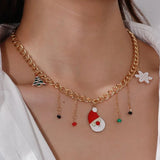 Poshoot Vintage Creative Christmas Pearl Bell Necklace for Women Cute Enamel Snowman Christmas Tree Snowflake Necklace New Year Jewelry