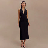 Poshoot Elegant Halter Neck Backless Long Dress Women's Sexy Sleeveless Slim Lapel Long Dress V-neck Slit Solid Evening Dress