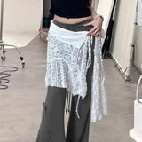 Poshoot Korean One Piece Mesh Skirts Women Ins Floral Embroidery Irregular Mesh Mini Skirt Woman Lace Up Half Body Skirts Female